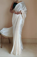 Women's Ready to Wear PEARL WHITE Satin Silk 1 Minute Pre Pleated Heavy Saree with Designer Hand Work Tassels