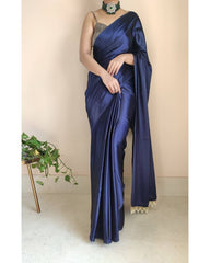 Women's Ready to Wear NAVY BLUE Satin Silk 1 Minute Pre Pleated Heavy Saree with Designer Hand Work Tassels