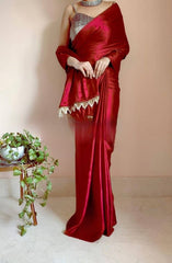 Women's Ready to Wear RUBY RED Satin Silk 1 Minute Pre Pleated Heavy Saree with Designer Hand Work Tassels