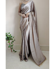 Women's Ready to Wear MELTED SILVER Satin Silk 1 Minute Pre Pleated Heavy Saree with Designer Hand Work Tassels