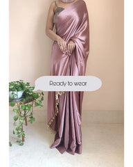 Women's Ready to Wear SMOOTH PINK Satin Silk 1 Minute Pre Pleated Heavy Saree with Designer Hand Work Tassels