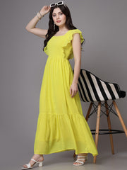 Flutter Sleeve Georgette Dotted Dress( LIME YELLOW )