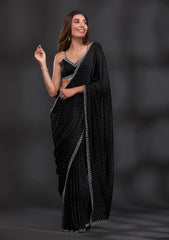 Black Sequined Beads & Stones Satin Saree with Unstitched Blouse