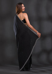 Black Sequined Beads & Stones Satin Saree with Unstitched Blouse