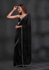 Black Sequined Beads & Stones Satin Saree with Unstitched Blouse