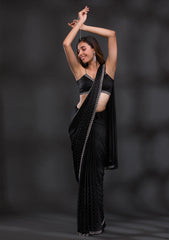 Black Sequined Beads & Stones Satin Saree with Unstitched Blouse