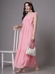 Flutter Sleeve Georgette Dotted Dress( BABY PINK )