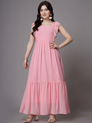 Flutter Sleeve Georgette Dotted Dress( BABY PINK )