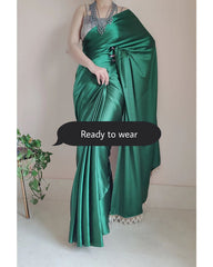 Women's Ready to Wear EMERALD GREEN Satin Silk 1 Minute Pre Pleated Heavy Saree with Designer Hand Work Tassels