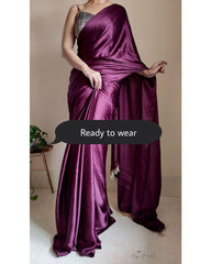 Women's Ready to Wear DEEP PURPLE Satin Silk 1 Minute Pre Pleated Heavy Saree with Designer Hand Work Tassels