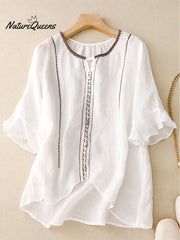 Loose Casual Embroidered Ruffle Sleeve Patchwork Shirt (WHITE)