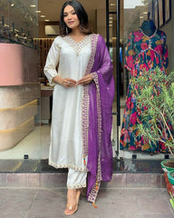 WHITE V-NECK GOTA PATTI COTTON SUIT SET