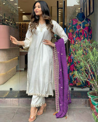 WHITE V-NECK GOTA PATTI COTTON SUIT SET