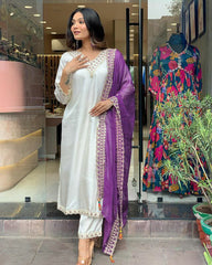 WHITE V-NECK GOTA PATTI COTTON SUIT SET