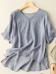 Women Cotton Casual Short Sleeve Shirt Blouse Jacquard Embroidery O-Neck Curved Hem Plus Size Loose Casual blue Tops