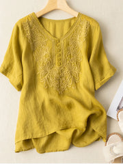 Women Cotton Casual Short Sleeve Shirt Blouse Jacquard Embroidery O-Neck Curved Hem Plus Size Loose Casual Tops (YELLOW)