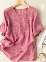 Women Cotton Casual Short Sleeve Shirt Blouse Jacquard Embroidery O-Neck Curved Hem Plus Size Loose Casual Tops (PINK)