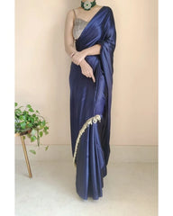 Women's Ready to Wear NAVY BLUE Satin Silk 1 Minute Pre Pleated Heavy Saree with Designer Hand Work Tassels